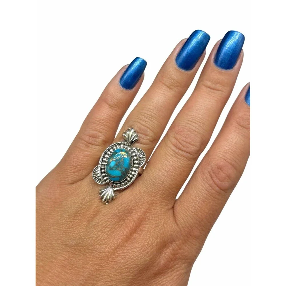 Kingman Copper Turquoise Ring Solid 925 Sterling Silver Adjustable Size 7 - 9